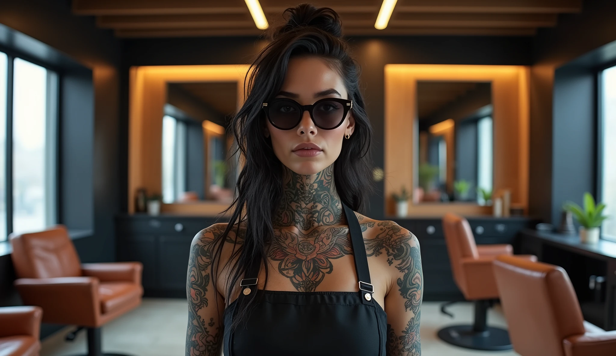 a heavily tattooed and pierced female barber in the empty space of a HI-TECH barber shop, very charismatic, sexy, with a body shape like Monica Bellucci, stunningly interesting, 5'7" tall, 45 years, in dark glasses. 
a minimalist barbershop is shown with black wood ceiling, in the style of tonal palette, australian landscapes, light brown and white, minimalist detail, layered veneer panels, traditional craftsmanship, precise craftsmanship
Perspective chosen so, to show the barber in a close-up from the waist up. This allows you to focus on his charismatic image, tattoos and piercings. The barber occupies the central place in the frame, leaning slightly towards the camera, which creates an effect of intimacy and engagement of the viewer. The barbershop is modern and upscale, with sleek, dark toned decor, leather chairs, and polished surfaces.  The lighting in the room is soft, highlighting the luxury of the barbershop, illuminating interior elements, executed with great attention to detail.
The barber's skin tone is natural, but somewhat enhanced for contrast with his dark tattoos and clothing. tattoos, In turn,, stand out in bright colors