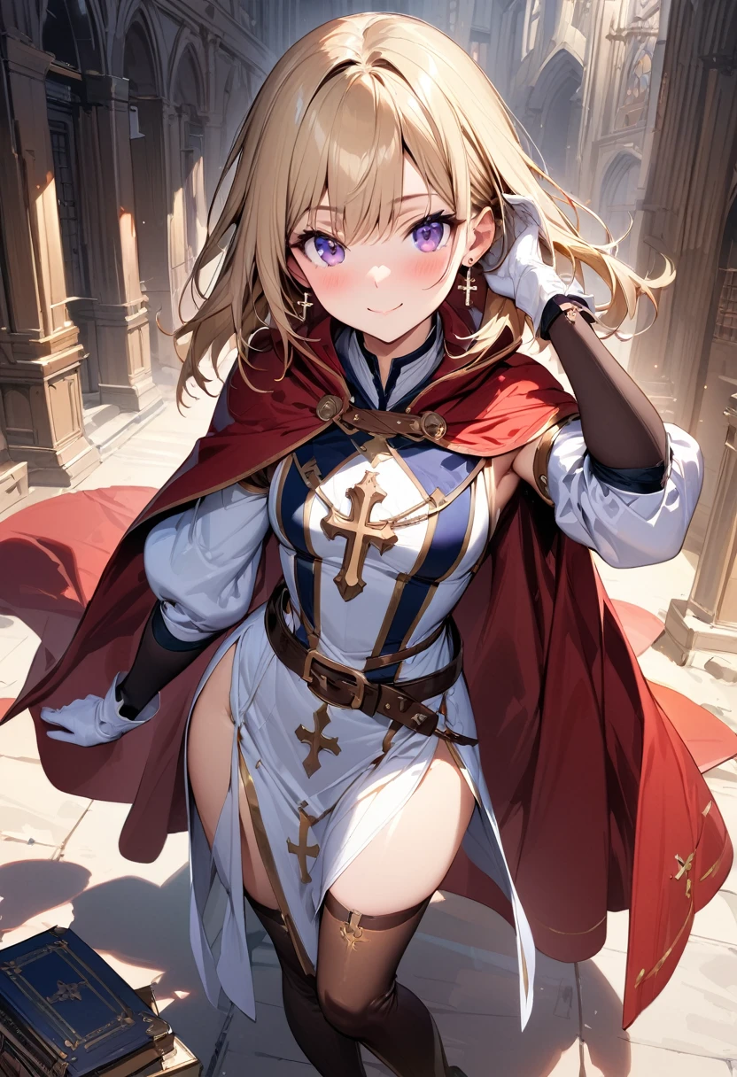 (masterpiece),(best quality),(ultra-detailed),(best illustration),(best shadow),(absurdres),(detailed background),(very aesthetic), 1girl, solo, smile, boots, blonde-hair, purple-eyes, gloves, looking-at-viewer, thighhighs, full-body, cape, white-gloves, dress, red-cape, closed-mouth, white-dress, side-slit, book, long-sleeves, simple-background, standing, brown-thighhighs, brown-footwear, outline, belt, knee-boots, cross, jewelry, juliet-sleeves, tabard, medium-hair, earrings, blush, hand-in-own-hair, puffy-sleeves