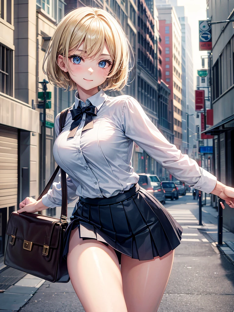 Anime style, super fine illustration, highly detailed, beautiful detailed, pale tone image, static representation, gentle expression, 8k, pretty 1girl with blonde straight short hair & blue eyes & a bright smile & full bust & soft fair skin is wearing big white business shirt not to show her skin & black tight skirt & 1business bag, on the business building street, in the morning, brilliant particles of lights, romantic stories, solo, perfect 5fingers, perfect arms, perfect legs, masterpiece.