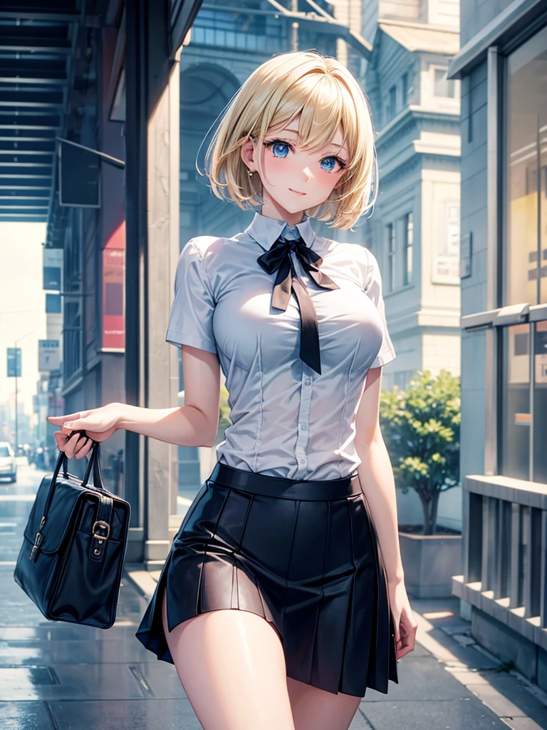 Anime style, super fine illustration, highly detailed, beautiful detailed, pale tone image, static representation, gentle expression, 8k, pretty 1girl with blonde straight short hair & blue eyes & a bright smile & full bust & soft fair skin is wearing big white business shirt not to show her skin & black tight skirt & 1business bag, on the business building street, in the morning, brilliant particles of lights, romantic stories, solo, perfect fingers, perfect arms, perfect legs, masterpiece.