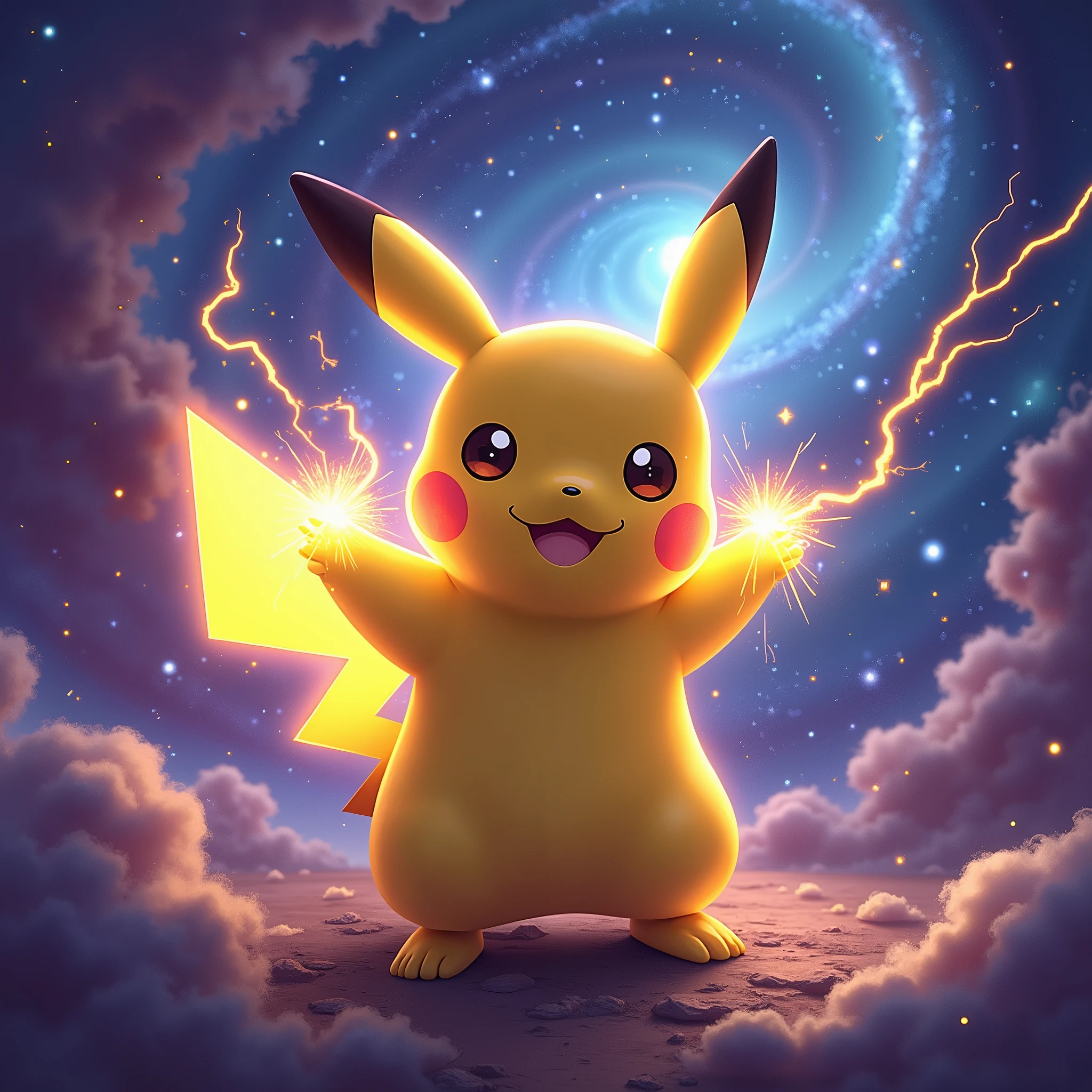Pikachu with lightning bolts in a galaxy background