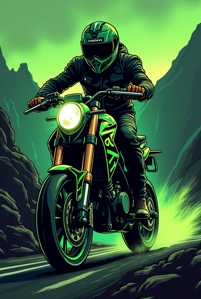 Create a logo for a biker , with stylized designs and the mottu santarem logo, highlights the colors green fortune Put the name mottu santarém Use the first image Make the drawing more pinching style