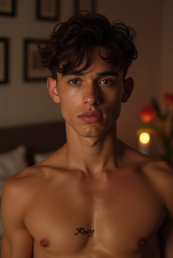 Young AI high quality Ruy name tattoo on neck muscular tanned skin piercing gaze pink mouth with bedroom background