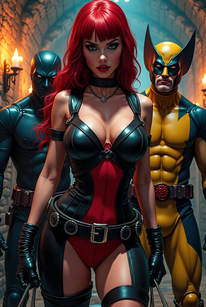 A dominatrix walks Deadpool and Wolverine like dogs
