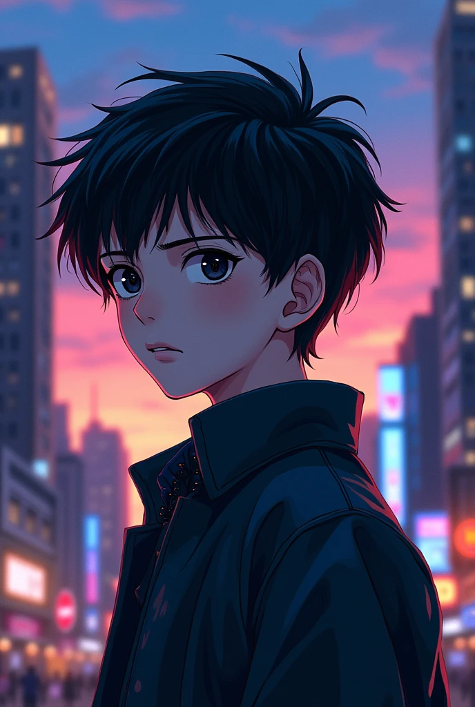 boy short black hair, black eyes and white skin, that their facial features are a bit harsh and serious.
Let it be in 2d or anime