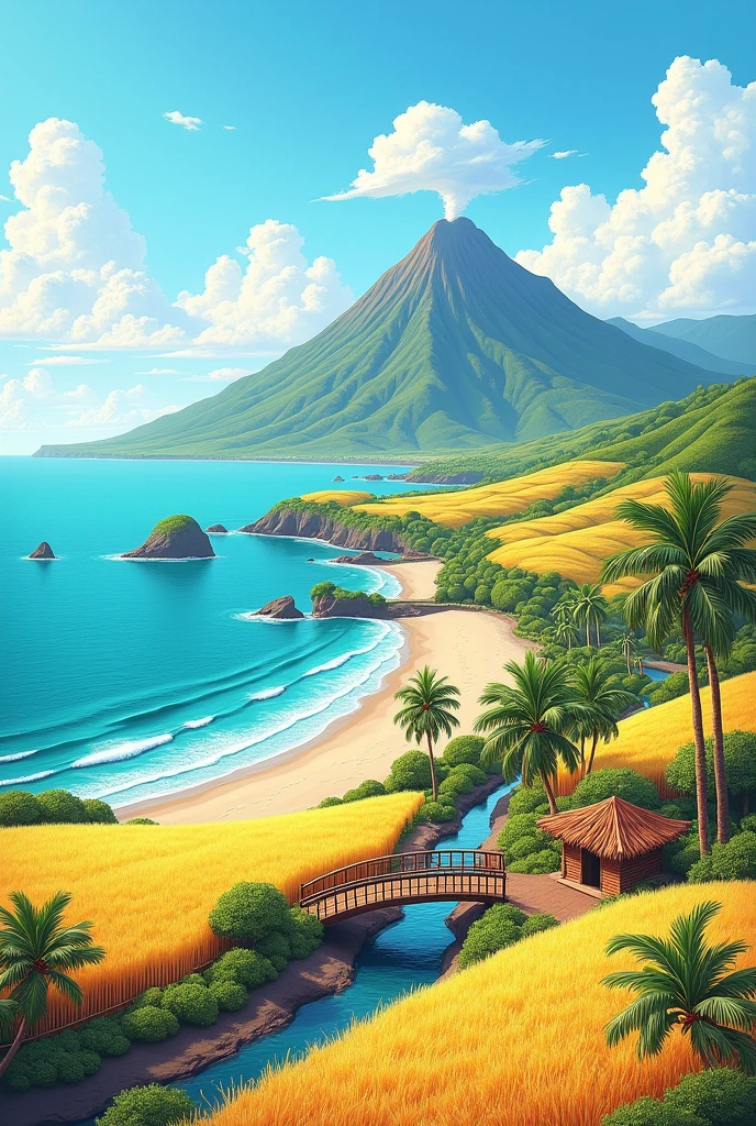 Recreate a landscape that has a beach,crop,Road,lake, Bridge,volcano, rancho. Make it easy to draw with pencil