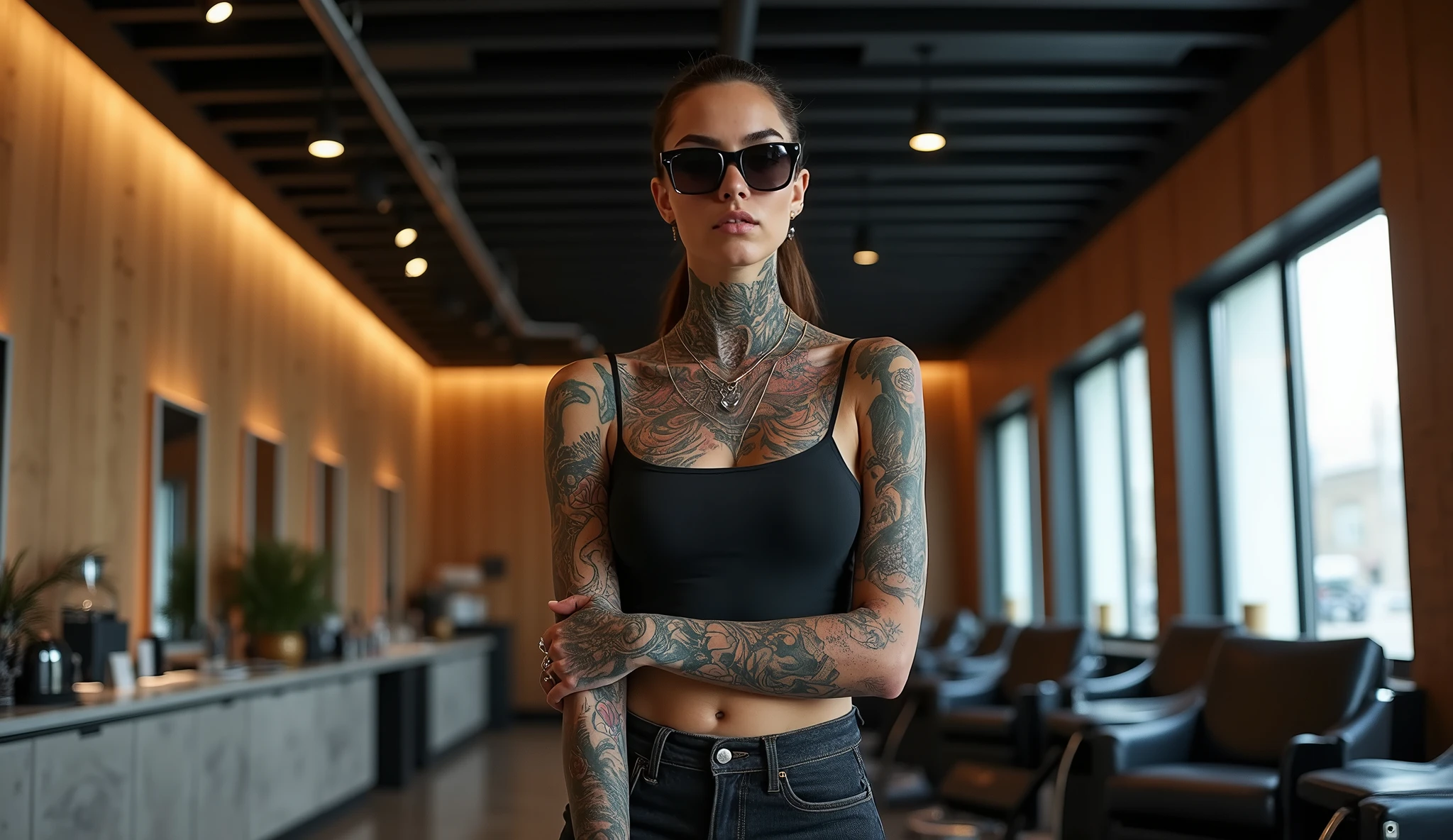 a heavily tattooed and pierced female barber in the empty space of a HI-TECH barber shop, very charismatic, sexy, with a body shape like Monica Bellucci, stunningly interesting, 5'7" tall, 45 years, in dark glasses. 
a minimalist barbershop is shown with black wood ceiling, in the style of tonal palette, australian landscapes, light brown and white, minimalist detail, layered veneer panels, traditional craftsmanship, precise craftsmanship
Perspective chosen so, to show the barber in a close-up from the waist up. This allows you to focus on his charismatic image, tattoos and piercings. The barber occupies the central place in the frame, leaning slightly towards the camera, which creates an effect of intimacy and engagement of the viewer. The barbershop is modern and upscale, with sleek, dark toned decor, leather chairs, and polished surfaces.  The lighting in the room is soft, highlighting the luxury of the barbershop, illuminating interior elements, executed with great attention to detail.
The barber's skin tone is natural, but somewhat enhanced for contrast with his dark tattoos and clothing. tattoos, In turn,, stand out in bright colors