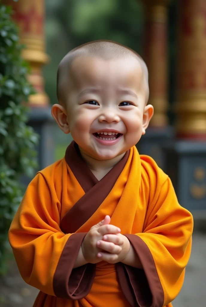 baby smiling towards the camera wearing Buddhist robes, light orange and dark brown style, 8k resolution, Symmetric, Sharp focus, Evenly staged image, neo dadaist, photo taken with provia --ar 65:103 --s 250 --v 5.2 --Style raw