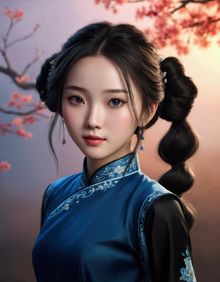 a girl, typical Chinese blue dress with long black sleeves, realistic face, 4k,ultra