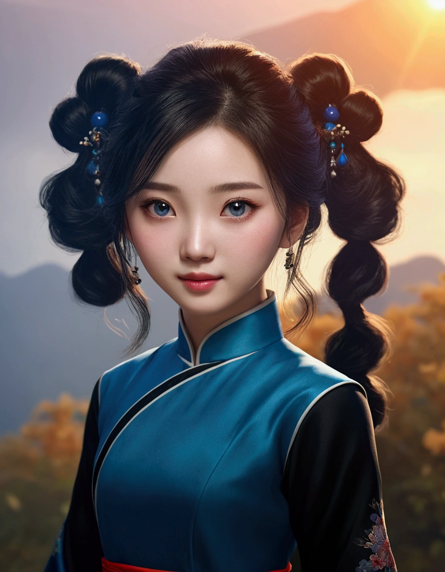 a girl, typical Chinese blue dress with long black sleeves, realistic face, 4k,ultra