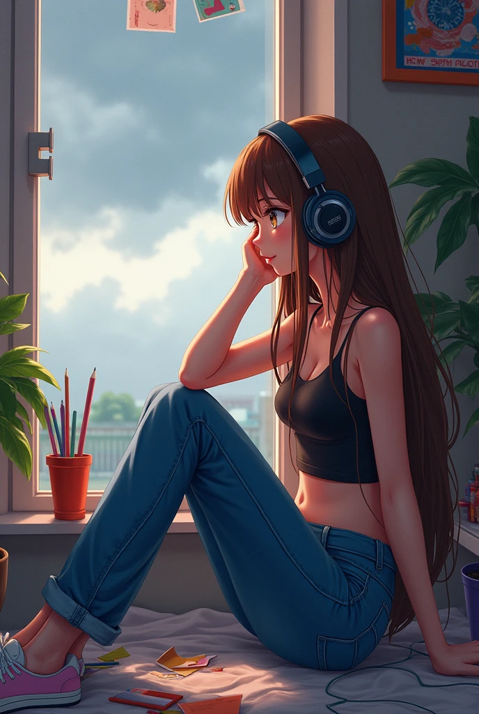 A anime girl with long brown hairs waering blue jeans and black top waeting headphones sitting in a room near window in a cloudy weather in 2D