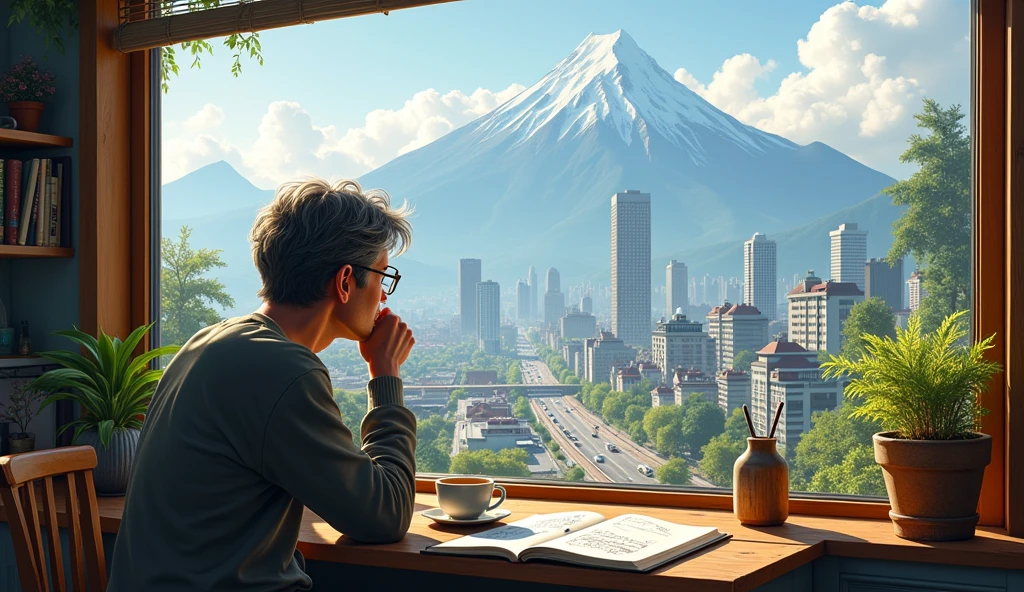 A contemplative scene of a person sitting at a café with a panoramic window view of a cityscape and distant mountains, representing their ability to balance broad-minded thinking with daily life. --ar 16:9