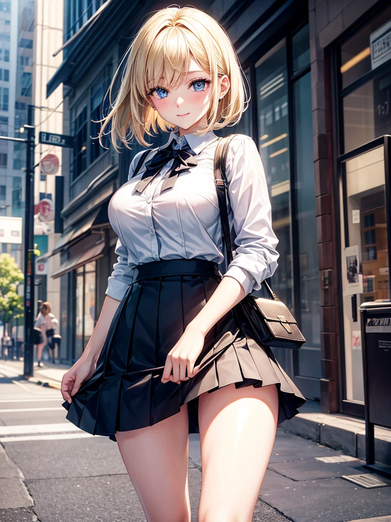 Anime style, super fine illustration, highly detailed, beautiful detailed, pale tone image, static representation, gentle expression, 8k, pretty 1girl with blonde straight short hair & blue eyes & a bright smile & full bust & soft fair skin is wearing big white business shirt not to show her skin & black tight skirt & 1business bag, on the business building street, in the morning, brilliant particles of lights, romantic stories, solo, perfect 5fingers, perfect arms, perfect legs, masterpiece.