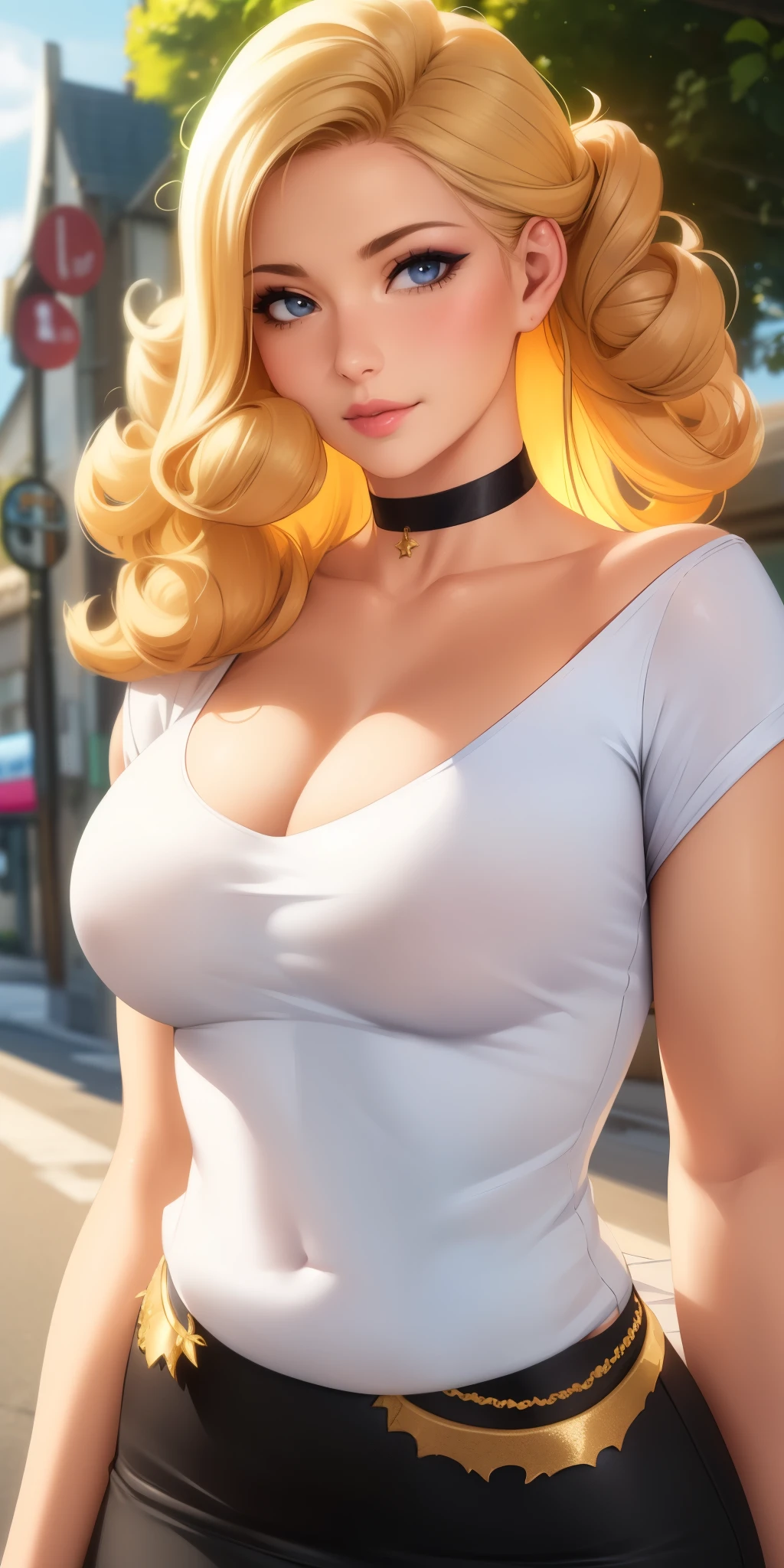 (best quality, ultra-detailed, photorealistic: 1.39), bright and vibrant colors, studio lighting, romantic expression, An effeminate girl, with a delicate and beautiful face. has a thin body, but well designed, your skin is white and very pale. her hair is golden, sparkling golden hair color, likes to wear makeup, ((Wear a black choker)), outfit emocore, fuzzy, sexy, beautiful strap blouse, beautiful blouse, simple but beautiful skirt, voluminous curly hair, on the street of the quiet town of the natural island