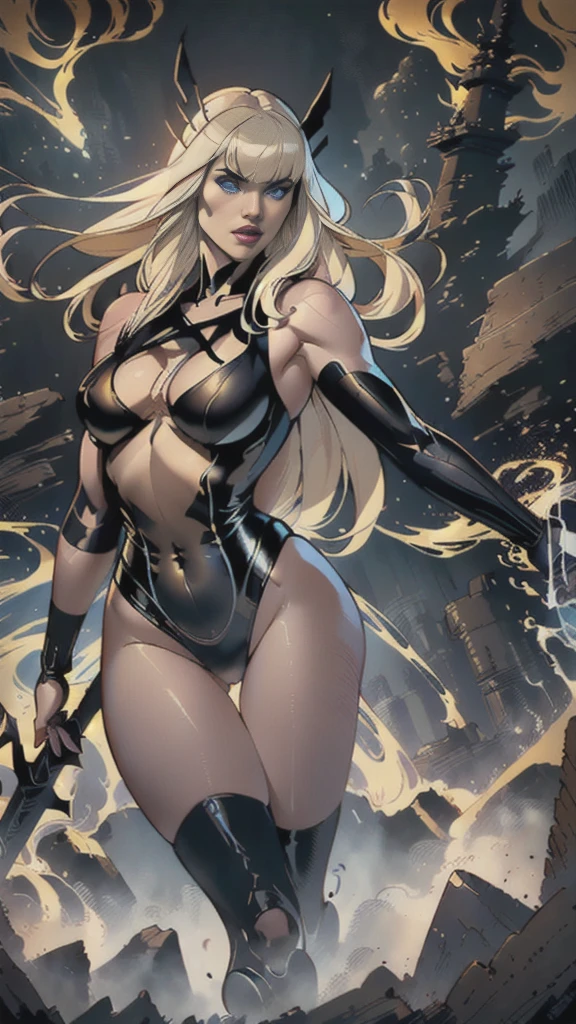 Magik of X-men, Illyana Rasputin with long white hair, piercing blue eyes, wearing a low cut unitard with high cut legs, holding a glowing magical sword, floating in a mystical realm with swirling energy, (best quality,8k,highres,masterpiece:1.2),ultra-detailed,realistic,photorealistic,photo-realistic:1.37,concept art,dark fantasy,digital painting,dramatic lighting,cinematic,intricate details,ethereal,otherworldly atmosphere