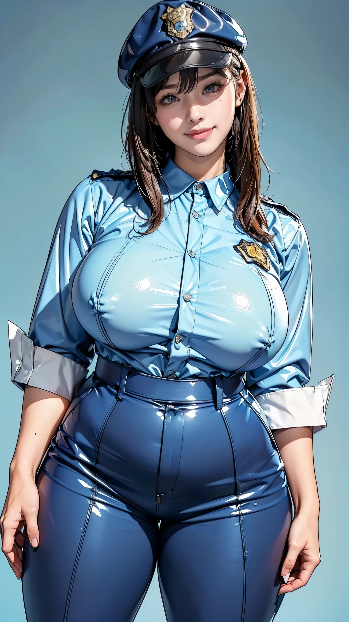 Blue blank background, (1girl:1.3), Photo from the waist up, Anatomically correct, Accurate Anatomy, A pose a police officer might do, (Fitted clothing, Camel Knob, A light blue fitted shirt made of latex, blue latex material slacks, Police style:1.3), Smiling with some teeth showing, (Thick thighs:1.2), (Her breasts are of normal size:1.3)