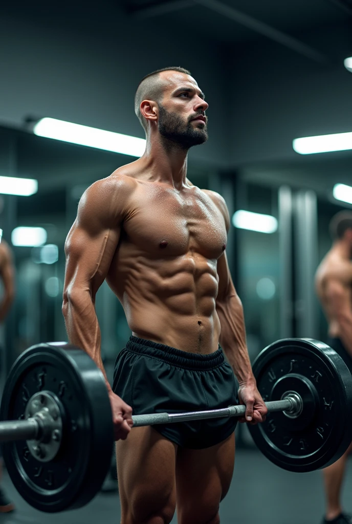 an extremely thin man with an S symbol.lifting a gym bar