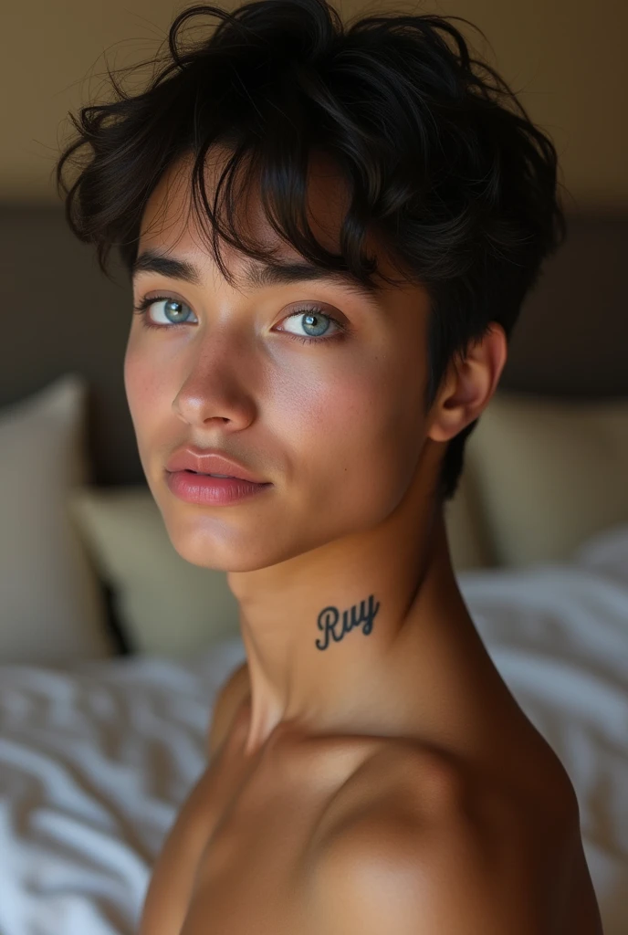 Young AI high quality Ruy name tattoo on neck muscular tanned skin piercing gaze blue eye pink mouth with bedroom background