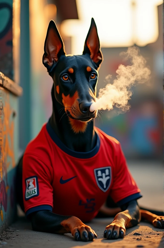 Drawing of a Doberman smoking weed wearing a red and black soccer jersey