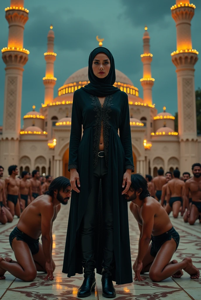 A Muslim dominant woman wearing a hijab, She has black leather boots on her feet. Only the woman's eyes are visible. There are naked male slaves kneeling in front of the woman. In the sky : Mistress Salome" writes. A woman is sitting on the back of a naked man. There are mosques and palaces in the background.