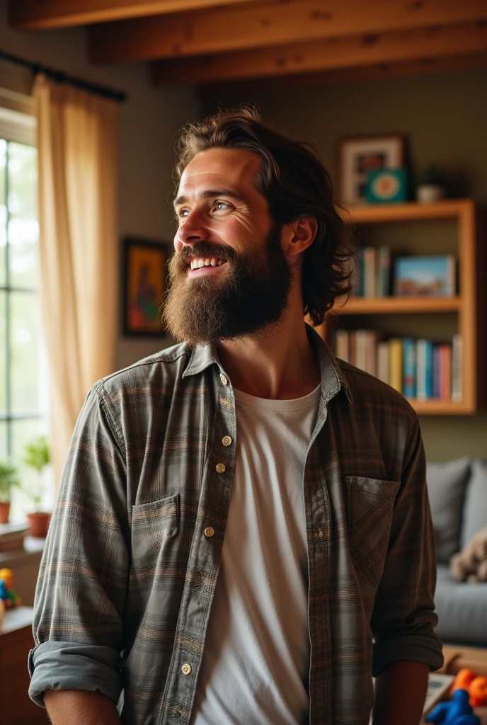 35 year old man, with long beard, clear eyes, looking like a happy but tired father