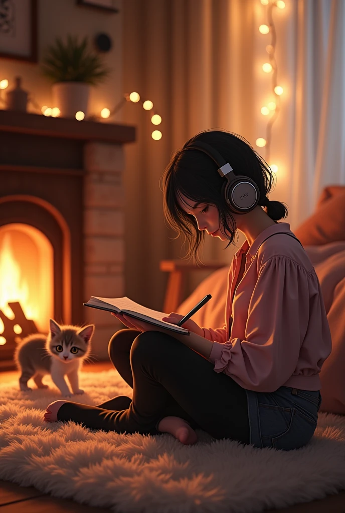 Create a detailed video sequence of a young e-girl, with headphones and a stylish pink blouse combined with black clothes and toeless socks. She is sitting cross-legged on a cozy rug., writing in a notebook with a focused expression. The setting is a cozy bedroom with a crackling fireplace in the background.. Include close-ups of the writing and details of the warm atmosphere of the room.. Also show a curious kitten with heterochromatic eyes watching the young woman. The sequence should be smooth, with gentle transitions and a warm color palette, and must conform to format 16:9.