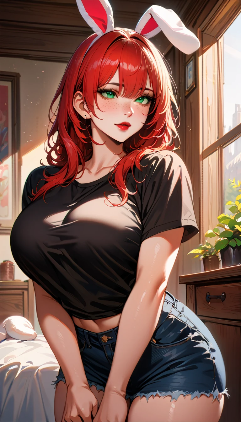 (high quality, 8k, 4K, high contrast, artwork:1.2, high quality, best aesthetics), (centered), ((1 woman)), erotic, sensual, mature body, grown woman, super detailed, beautiful face detailed, beautiful eyes detailed, detailed beautiful mouth, (long wavy red hair), (green eyes), (freckles), (red eyeshadow), (black eyeliner), (red lipstick), (blushing), (calm expression), (pair of white bunny ears), (simple black shirt), (black denim shorts), (inside a bedroom), (standing), (straight posture), (front view of woman), (big breasts)