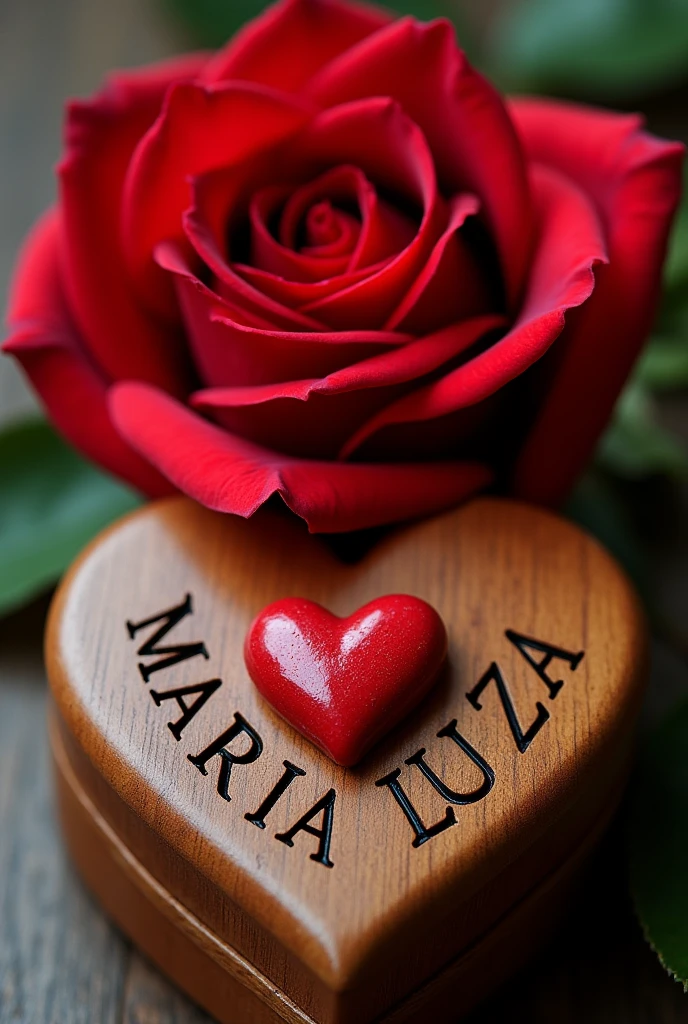 A natural beauty showing a majestic red rose in close-up, on a distinctive background with a varnished wooden trunk in the shape of a heart. The wood presents the writing "Maria Luiza " capital letters 
 " with an elegant and sophisticated touch. To the center, a representative red heart, accompanying the image with a deep and emotional message. 