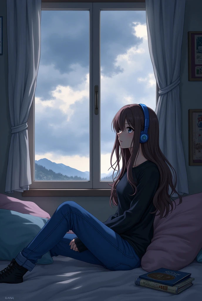 A anime girl with long brown hairs waering blue jeans and black full top waeting headphones sitting in a room near window in a cloudy weather in 2D