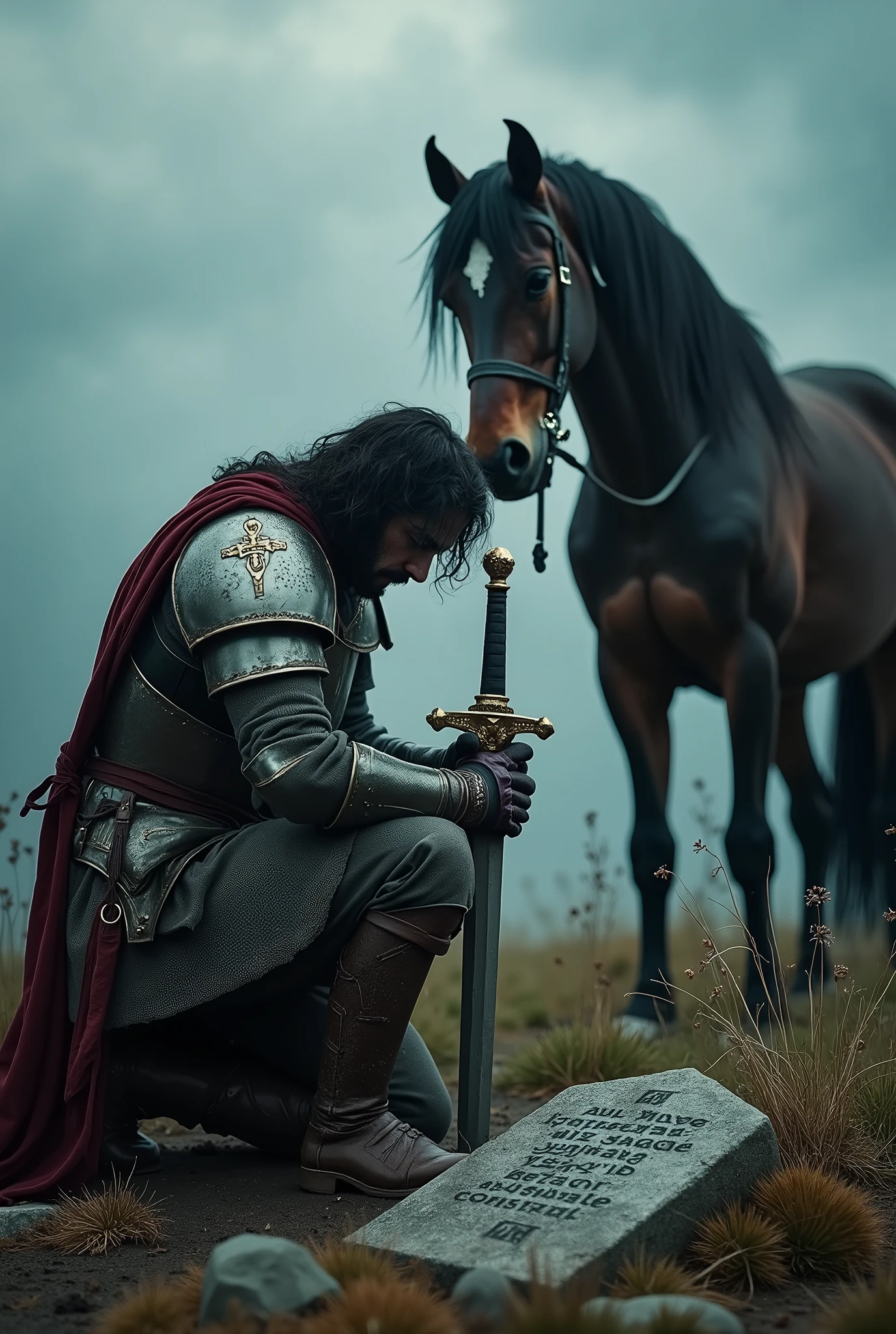kneeling man holding sword near horse, medieval dark fantasy, medieval holy knight crusader, holy knight crusader of the middle ages, holy crusader of the middle ages, arthur tarnowski, vikings and templars aesthetics, adam marczynski, still from fantasy movie, holy medieval crusader, holy sword in hands, medieval fantasy, fantasy middle ages, sad crusader, prayer at the grave.