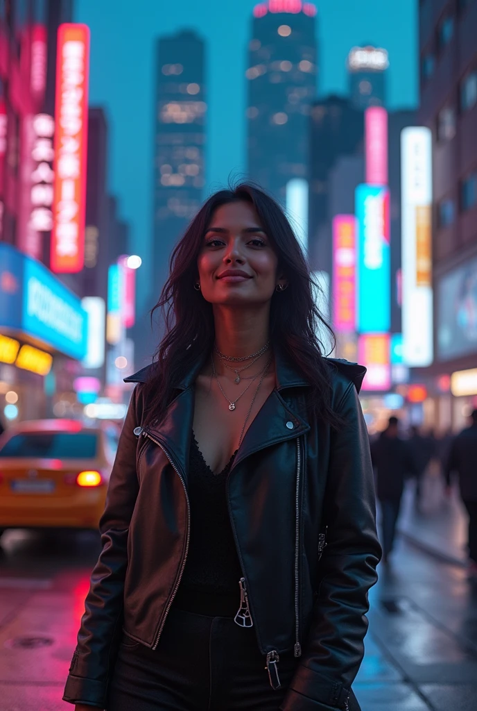 (photorealism:1.2), beautiful woman in front of cyberpunk city, south asian, minor cyberware, subdermal delicate wiring, smirking