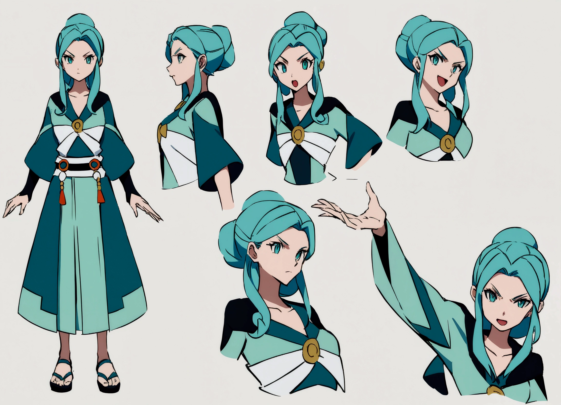 concept art character diferent poses an young adult woman with aggressive and charismatic features, blue and jade clothes with shaman details, pokemon trainer style, pokemon art