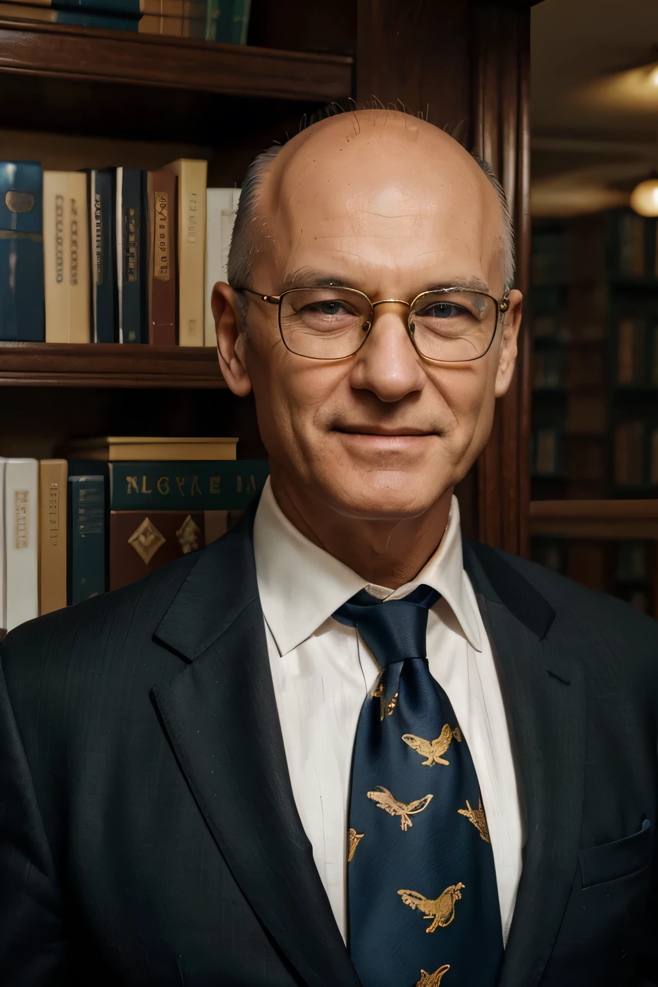 Man, elderly, 61, in black suit, white shirt ,blue tie with gold eagle print, wearing glasses, bald, looking at the camera, smiling, background of a private library, green eyes, flat nose, caucasian