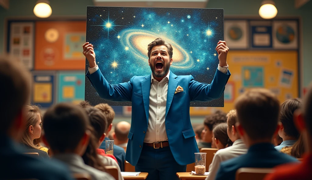 A figure in front of a classroom or a public forum, animatedly presenting a cosmic map and engaging with an audience, illustrating their passion for teaching and sharing knowledge. --ar 16:9