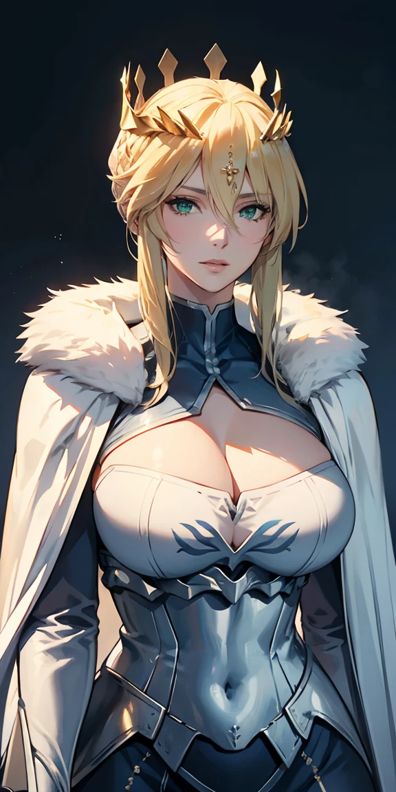 Artoria Lancer, mature woman, elegant, blonde hair, green eyes, casual clothes, crown, white cape, fur trim, portrait, upper body to waist, curvaceous, 4k resolution, high quality