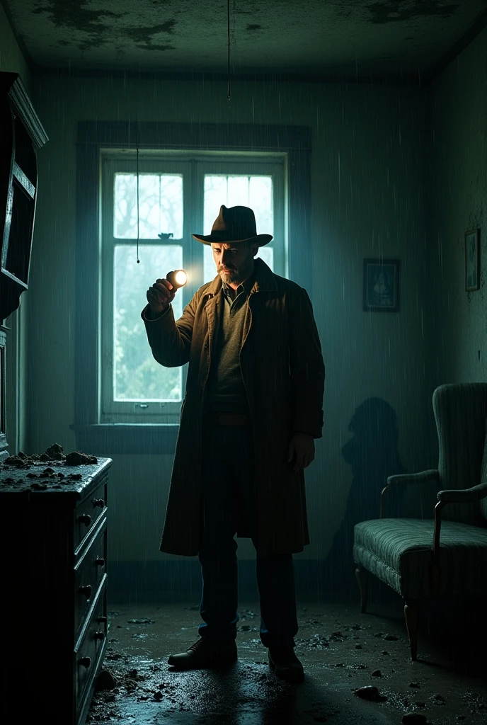 Man with a flashlight in a dark and abandoned house on a rainy night