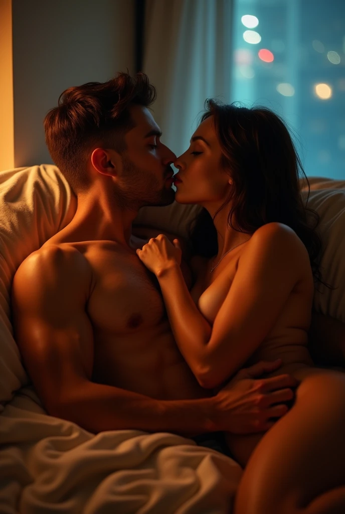 "Create a high-definition image of a young couple having sex, The man is muscular, and has short hair, while the woman naked. They are making love, french kiss, the man hand touching chest, with the woman on top the man, and both have a seductive expression. The room is softly lit by the ambient glow from the city outside, creating a cozy and intimate atmosphere."