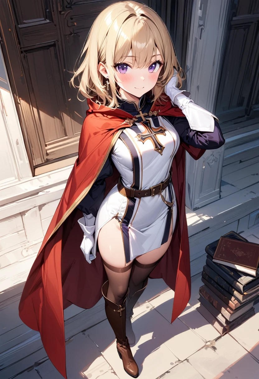 (masterpiece),(best quality),(ultra-detailed),(best illustration),(best shadow),(absurdres),(detailed background),(very aesthetic), 1girl, solo, smile, boots, blonde-hair, purple-eyes, gloves, looking-at-viewer, thighhighs, full-body, cape, white-gloves, dress, red-cape, closed-mouth, white-dress, side-slit, book, long-sleeves, simple-background, standing, brown-thighhighs, brown-footwear, outline, belt, knee-boots, cross, jewelry, juliet-sleeves, tabard, medium-hair, earrings, blush, hand-in-own-hair, puffy-sleeves