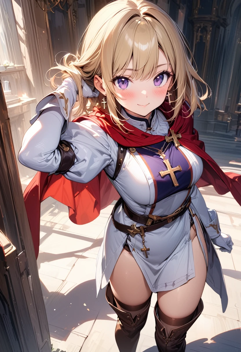 (masterpiece),(best quality),(ultra-detailed),(best illustration),(best shadow),(absurdres),(detailed background),(very aesthetic), 1girl, solo, smile, boots, blonde-hair, purple-eyes, gloves, looking-at-viewer, thighhighs, full-body, cape, white-gloves, dress, red-cape, closed-mouth, white-dress, side-slit, book, long-sleeves, simple-background, standing, brown-thighhighs, brown-footwear, outline, belt, knee-boots, cross, jewelry, juliet-sleeves, tabard, medium-hair, earrings, blush, hand-in-own-hair, puffy-sleeves
