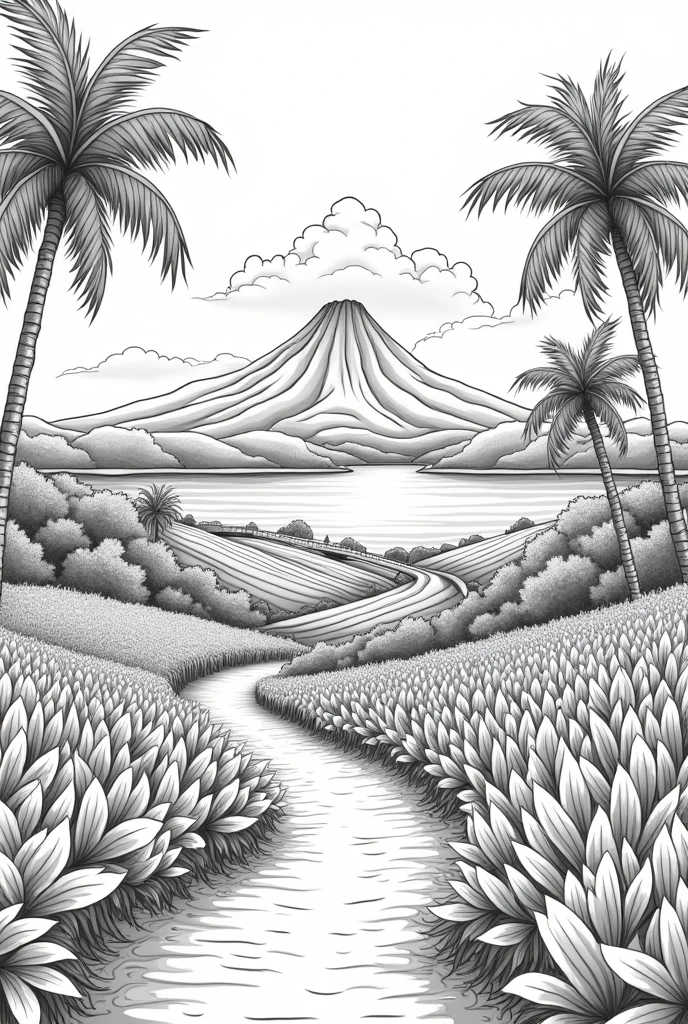 Recreate a landscape that has a beach,crop,Road,lake, Bridge,volcano, rancho. That it be easy to draw with a pencil for easy coloring to draw