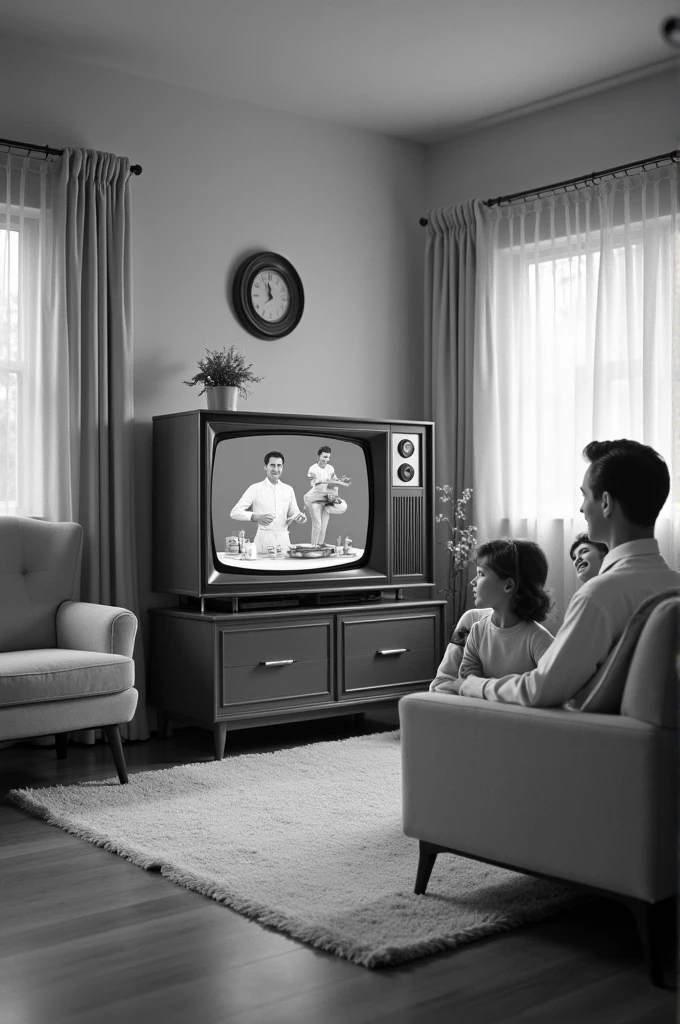 black and white television advertisement from 1950, white and grey