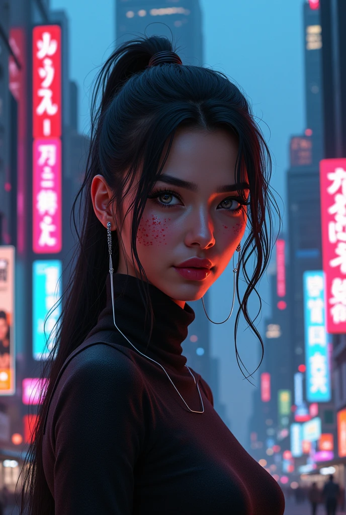 (photorealism:1.2), beautiful woman in front of cyberpunk city, south asian, minor cyberware, subdermal delicate wiring, smirking 