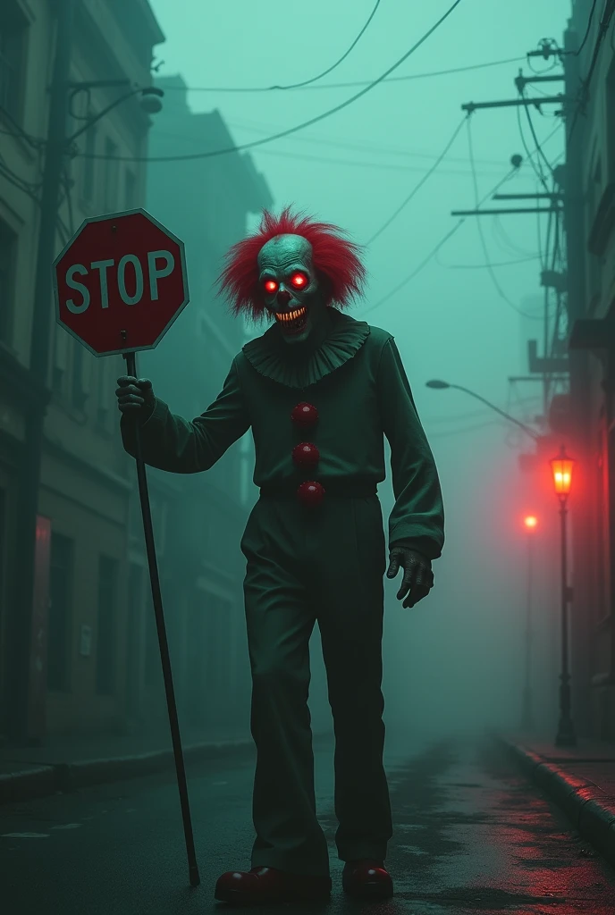 A photorealistic zombie character, dark green skin, exposed jawbone with decaying flesh, enormous terrifying mouth. His glowing red eyes emit sinister red energy. He wears a blood-red clown wig, light gray torn shirt, and pants, and old dark gray shoes. He wields a "STOP" sign as a weapon. The zombie stands in a foggy, ruined street with crumbling buildings in the background. Red light casts eerie shadows across his body. Created using: ultra-realistic lighting, horror aesthetic, high-detail textures, cinematic atmosphere, dynamic fog, 35mm film grain, grotesque detail, hd quality, eerie composition --ar 16:9 --v 6.0