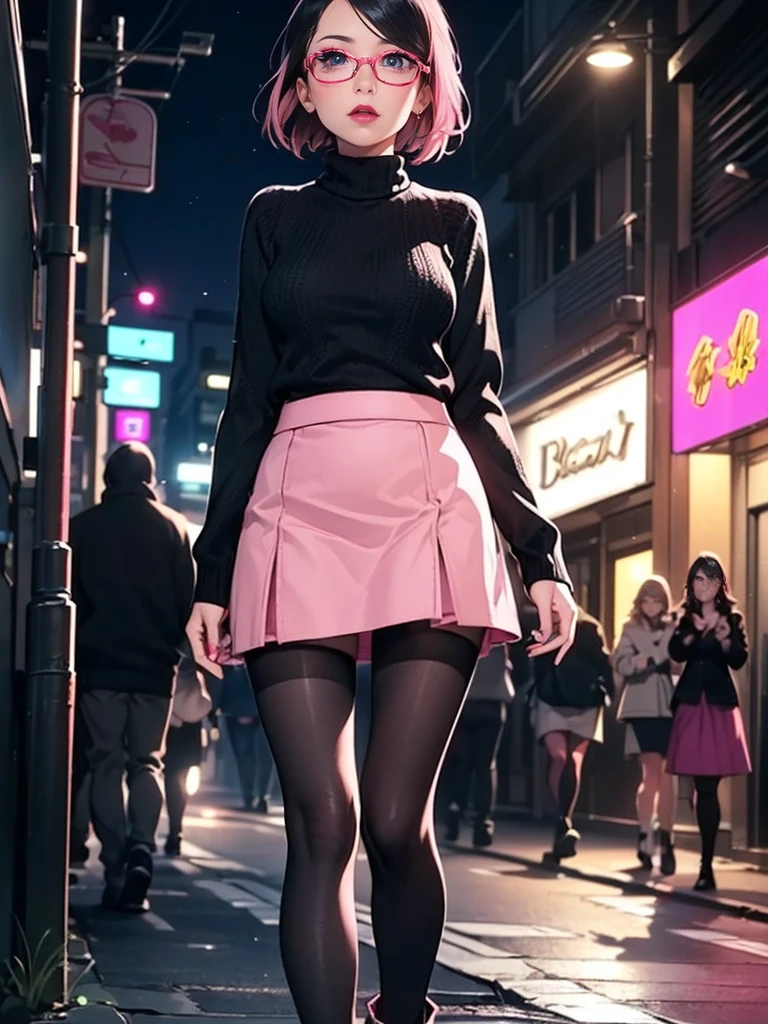 ((((Close up))), (1girl, solo, alone), (WakatsukiRisa, Sarada Uchiha, black hair, short hair, black eyes, red glasses), ((solo, (1woman, pink lipstick, (small breasts)), Extremely detailed, ambient soft lighting, 4k, perfect eyes, a perfect face, perfect lighting, a 1girl)), austere, ((parading on the sidewalk, (black sweater, women's knit sweater, long-sleeved sweater, black knit sweater), (((pink skirt)))))), (beige plaid skirt, short plaid skirt), high-heeled boots, (stiletto heel, thin heel), high-heeled boots, thigh-high boots, thigh and beige skirt, high boots, sexy look, wearing beige skirt, sexy clothes, in the city, monument, modern sculpture, Bella Poarca, Bela Vista, with neon lights, (pantyhose), boots above knee, night, lighting))