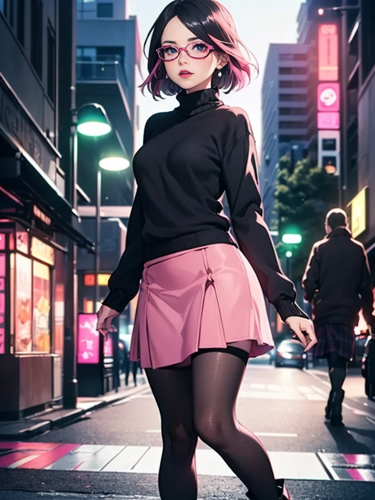 ((((Close up))), (1girl, solo, alone), (WakatsukiRisa, Sarada Uchiha, black hair, short hair, black eyes, red glasses), ((solo, (1woman, pink lipstick, (small breasts)), Extremely detailed, ambient soft lighting, 4k, perfect eyes, a perfect face, perfect lighting, a 1girl)), austere, ((parading on the sidewalk, (black sweater, women's knit sweater, long-sleeved sweater, black knit sweater), (((pink skirt)))))), (beige plaid skirt, short plaid skirt), high-heeled boots, (stiletto heel, thin heel), high-heeled boots, thigh-high boots, thigh and beige skirt, high boots, sexy look, wearing beige skirt, sexy clothes, in the city, monument, modern sculpture, Bella Poarca, Bela Vista, with neon lights, (pantyhose), boots above knee, night, lighting))