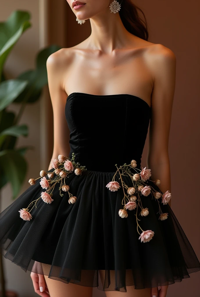 I want a dress design in the style of velvet mini dress by nicole + felicia couture, i.e., a short black velvet dress without straps, with a strapless neckline with a straight cut neckline, and I would like it to use flowers on the skirt of the dress giving a puffy and flowy effect the flower I want it to use is Paepalanthus chiquitensis Herzog also known as chuveirinho do cerrado