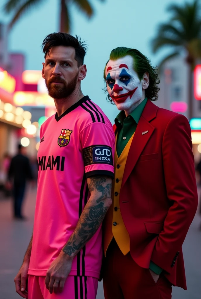 Create an image with Lionel Messi in his Miami uniform and Joaquin Phoenix&#39;s Joker from 2018 in his red suit.