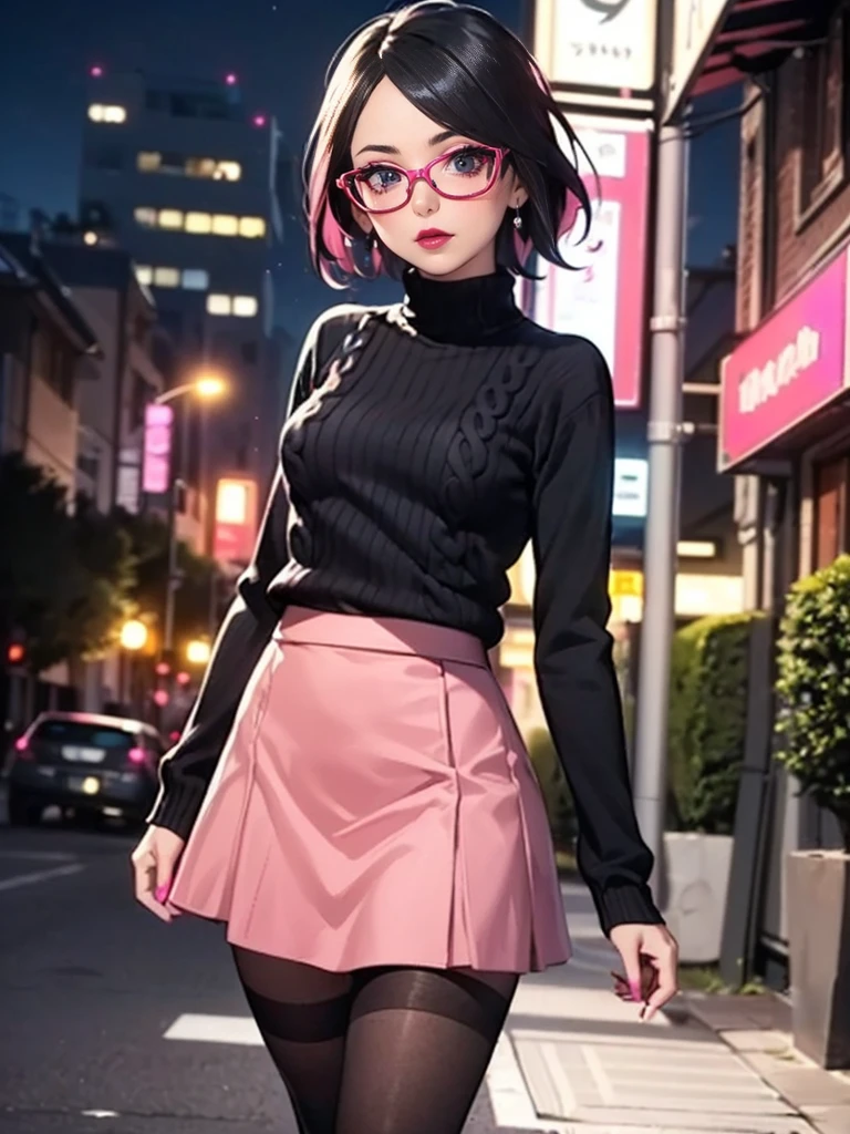 ((((Close up))), (1girl, solo, alone), (WakatsukiRisa, Sarada Uchiha, black hair, short hair, black eyes, red glasses), ((solo, (1woman, pink lipstick, (small breasts)), Extremely detailed, ambient soft lighting, 4k, perfect eyes, a perfect face, perfect lighting, a 1girl)), austere, ((parading on the sidewalk, (black sweater, women's knit sweater, long-sleeved sweater, black knit sweater), (((pink skirt)))))), (beige plaid skirt, short plaid skirt), high-heeled boots, (stiletto heel, thin heel), high-heeled boots, thigh-high boots, thigh and beige skirt, high boots, sexy look, wearing beige skirt, sexy clothes, in the city, monument, modern sculpture, Bella Poarca, Bela Vista, with neon lights, (pantyhose), boots above knee, night, lighting))