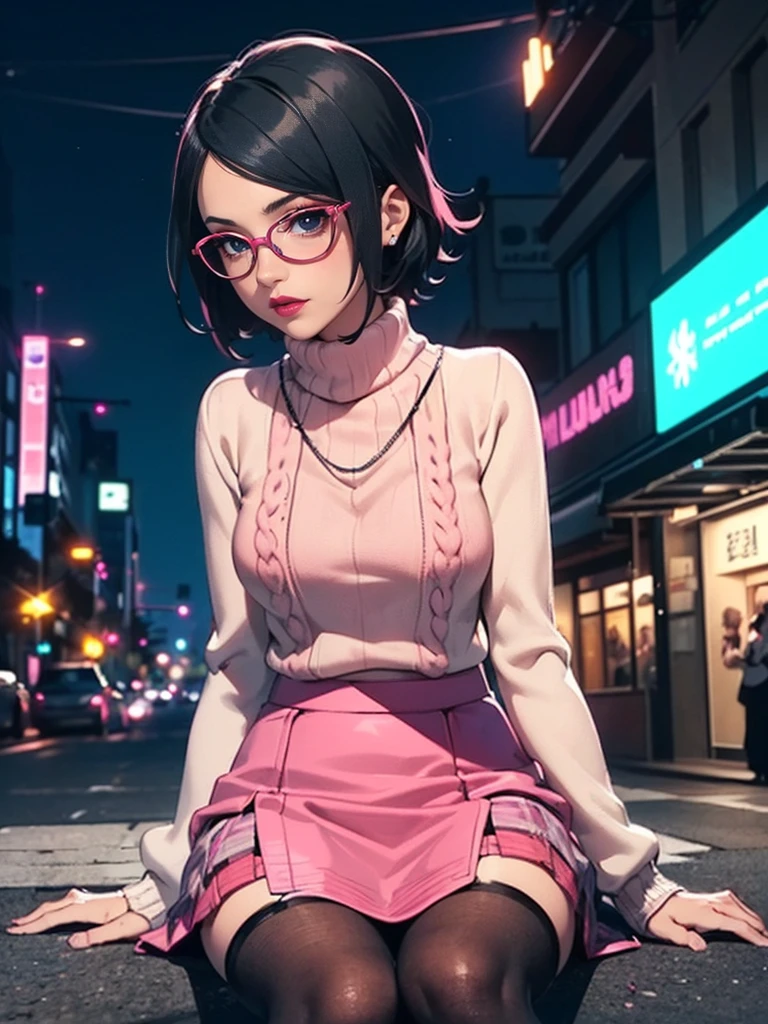 ((((Close up))), (1girl, solo, alone), (WakatsukiRisa, Sarada Uchiha, black hair, short hair, black eyes, red glasses), ((solo, (1woman, pink lipstick, (small breasts)), Extremely detailed, ambient soft lighting, 4k, perfect eyes, a perfect face, perfect lighting, a 1girl)), austere, ((parading on the sidewalk, (black bra, ), (((pink skirt)))))), (beige plaid skirt, short plaid skirt), high-heeled boots, (stiletto heel, thin heel), high-heeled boots, thigh-high boots, thigh and beige skirt, high boots, sexy look, wearing beige skirt, sexy clothes, in the city, monument, modern sculpture, Bella Poarca, Bela Vista, with neon lights, (pantyhose), boots above knee, night, lighting))