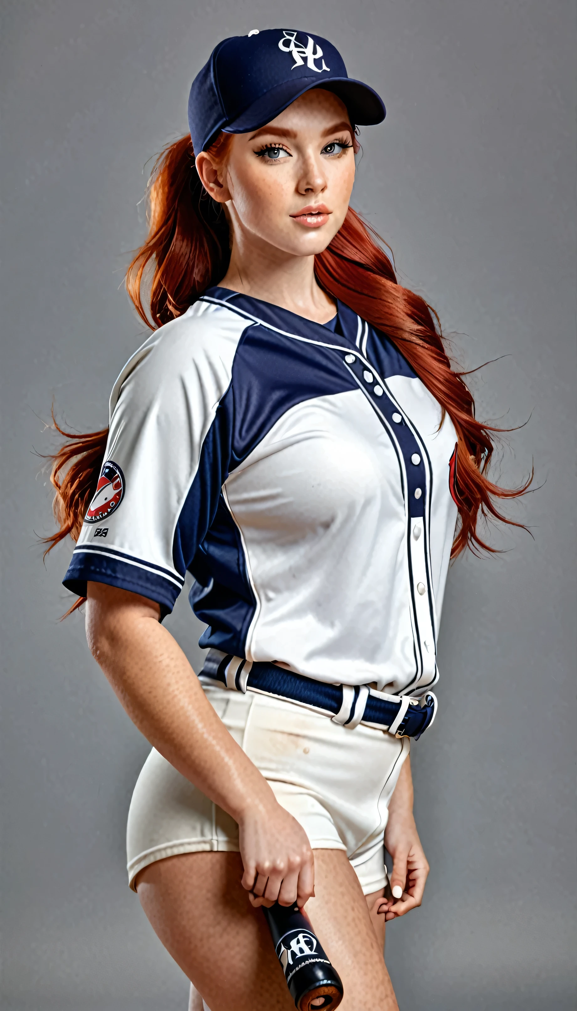 An attractive woman with long red hair, youthful face, Ponytail hair, curvy, woman holds base bat, baseball player, outfit, baseball uniform, baseball uniform blue, ultra realistic